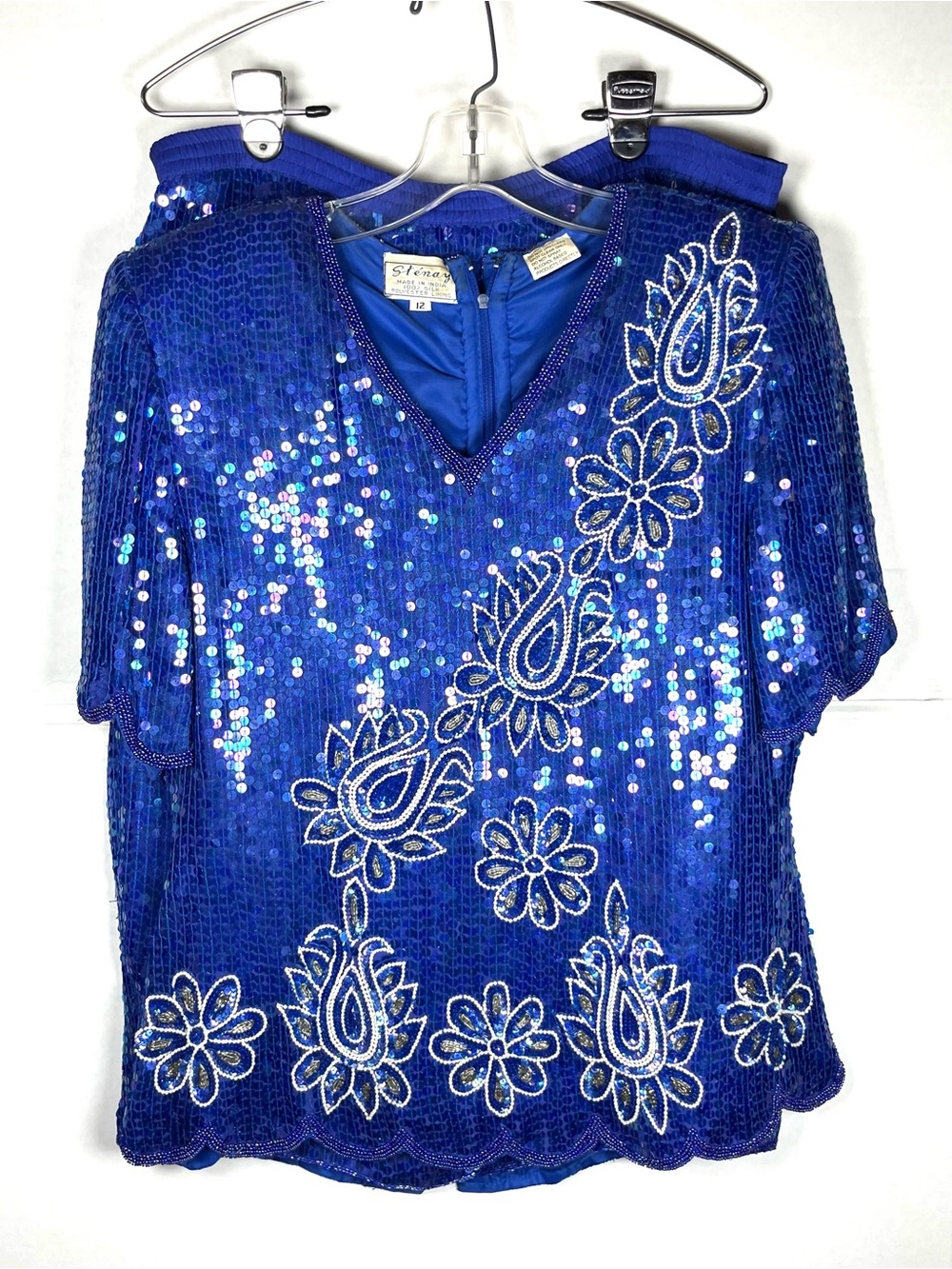 Stenay Royal Blue Sequin Embellished V-Neck Top and Skirt Set